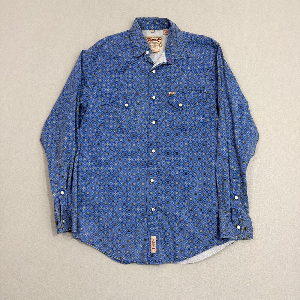 Rafter C Cowboy Collection Pearl Snap Shirt Mens Medium Blue Western Performance